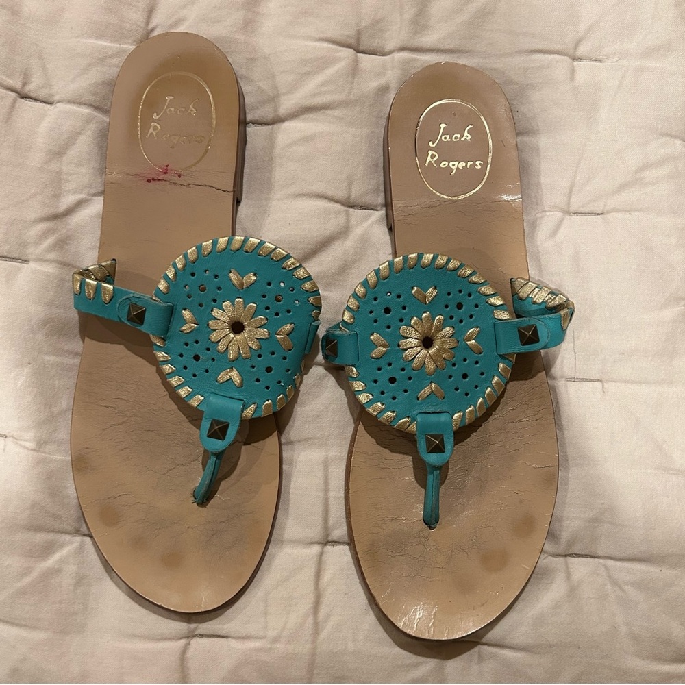 Jack Rogers Blue and Tan Sandals with Medallion Design